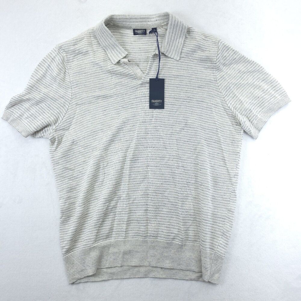 Faherty Linen Short Sleeve Sweater Polo Ivory Steel Feeder Mens XL NWT